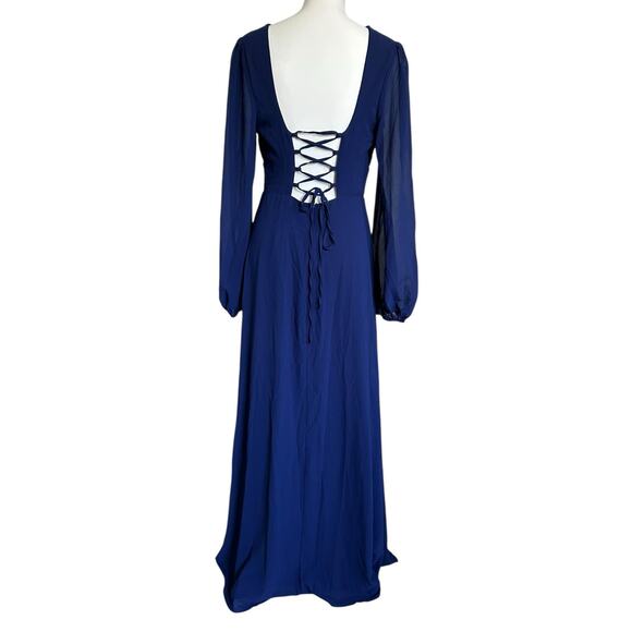 LULUS Marvelous Affair Navy Blue Pleated Lace-Up Long‎ Sleeve Maxi Dress-Size L - Picture 6 of 9